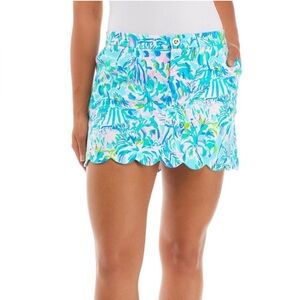 Lilly Pulitzer Colette Knit Mini Skirt Skort Scalloped Hem Blue Tropical Floral